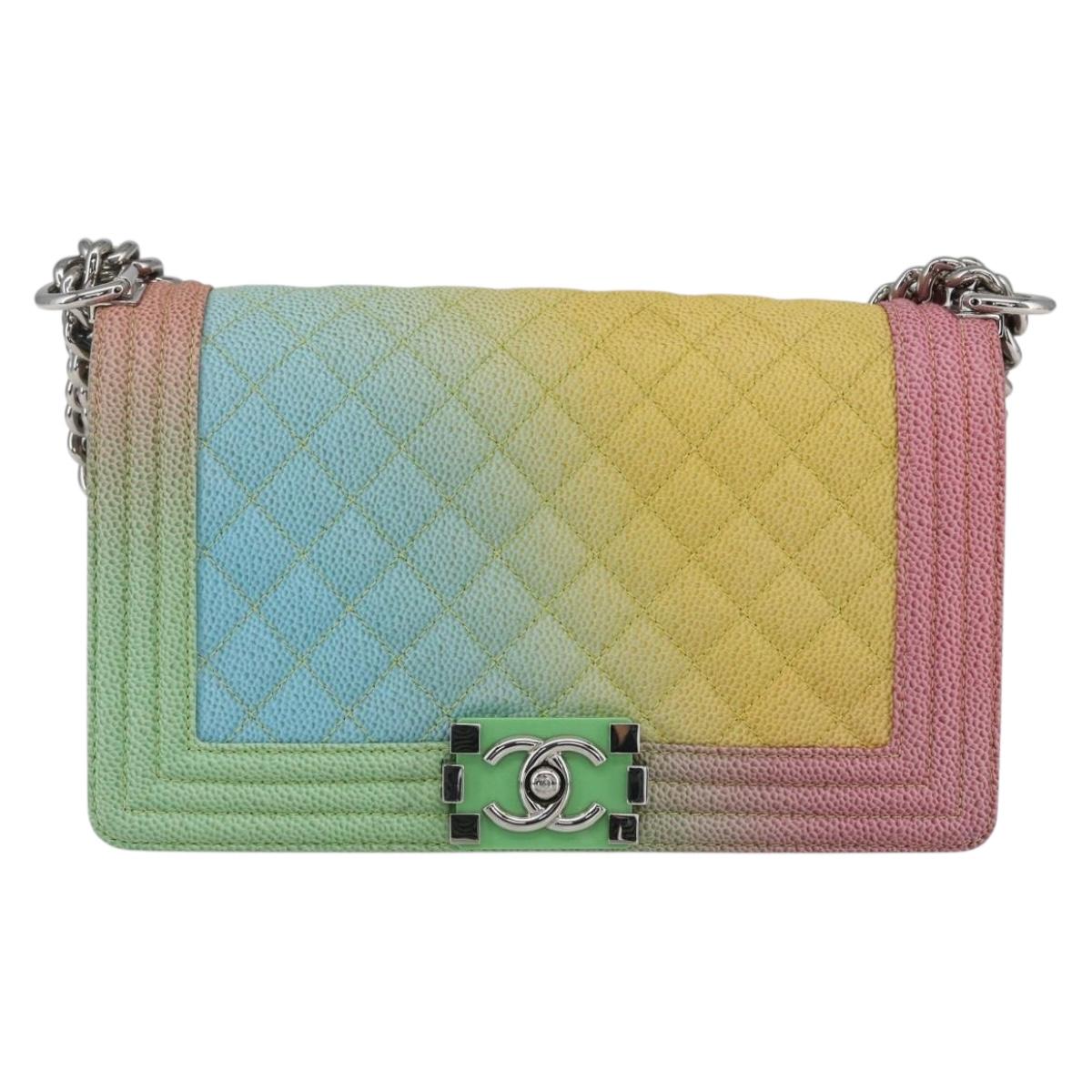 CHANEL Boy Chanel Medium Chain Bag Caviar Skin Multicolor CC Auth 169741SM
