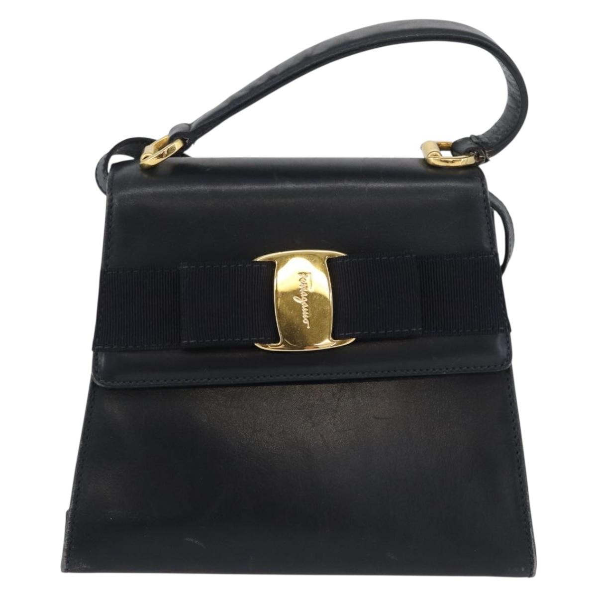 Salvatore Ferragamo Vala Hand Bag Leather 2way Navy Gold Auth 169747
