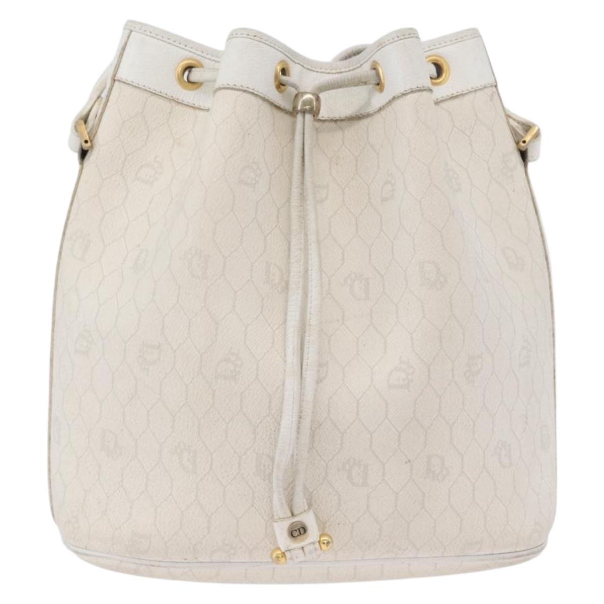 Christian Dior Honeycomb Canvas Shoulder Bag PVC White Gold Auth 169749