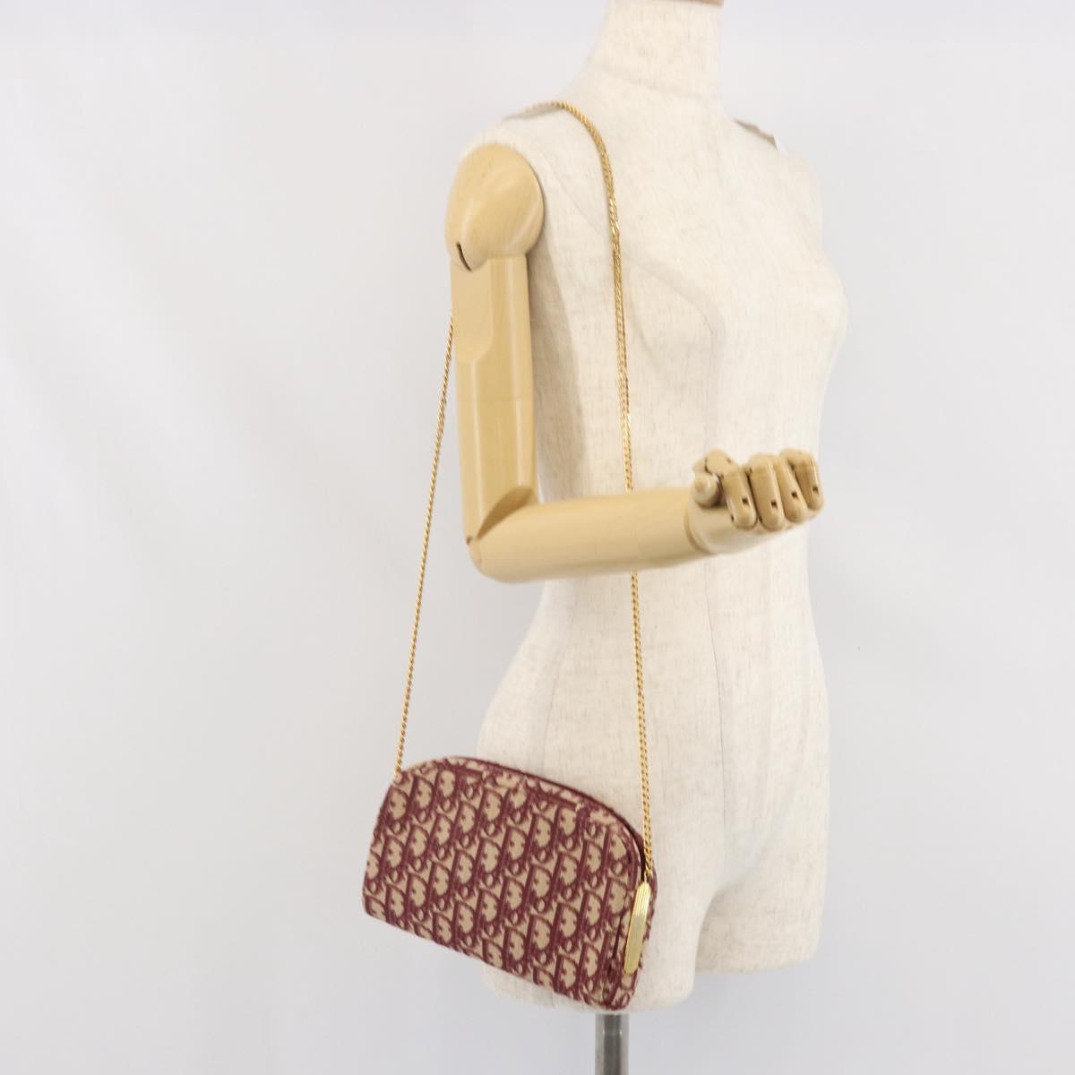 Christian Dior Trotter Canvas Chain Shoulder Bag Red Gold Auth 169751V