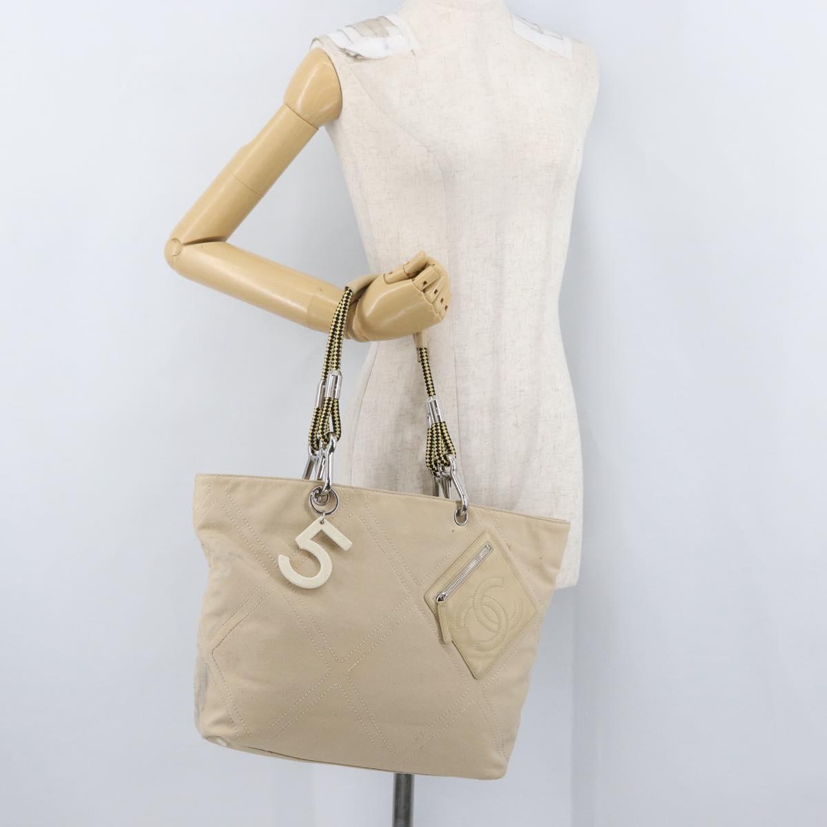 CHANEL Tote Bag No5 Canvas Beige Silver CC Auth 169753