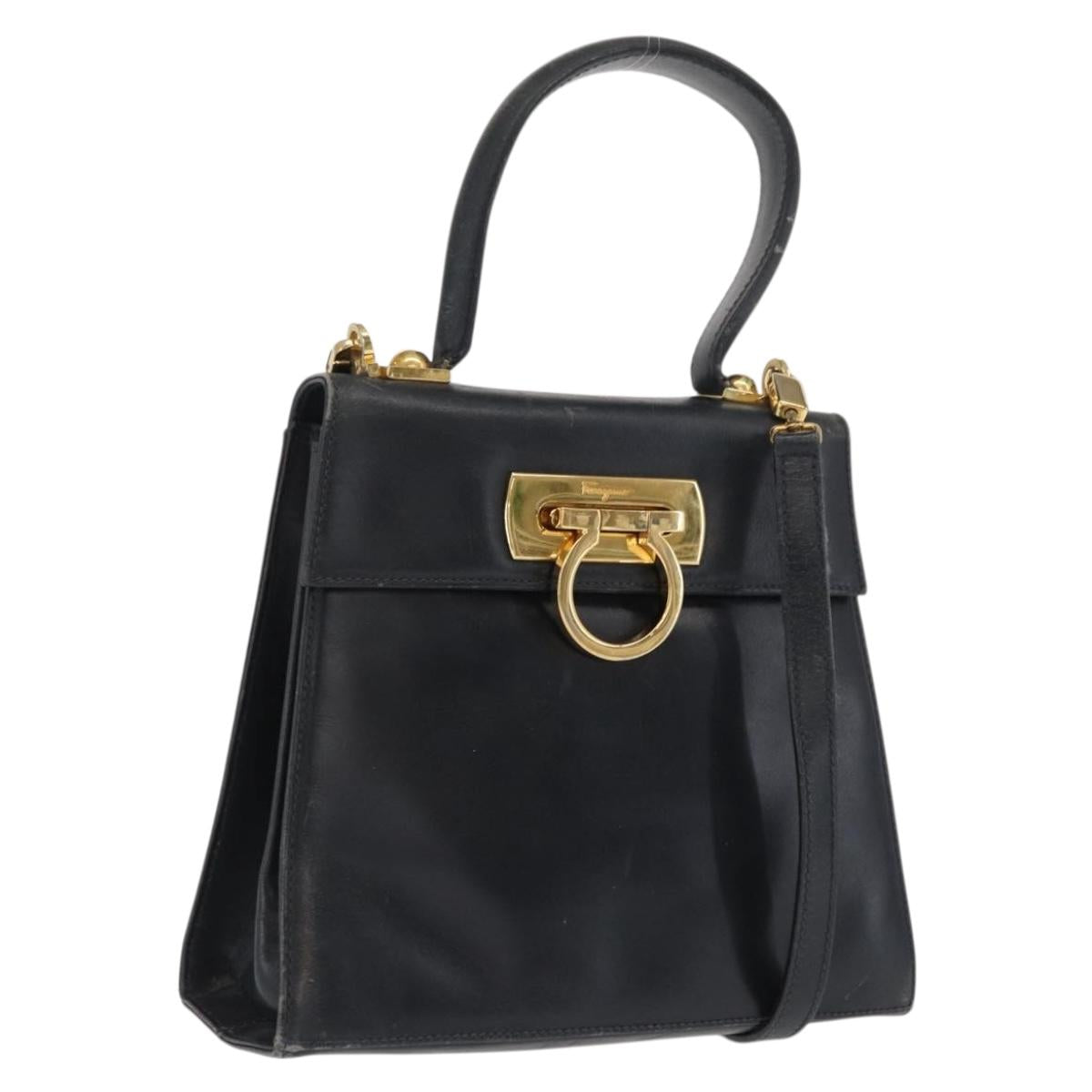 Salvatore Ferragamo Gancini Hand Bag Leather 2way Navy Gold Auth 169755