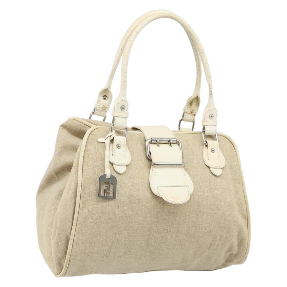 FENDI Hand Bag Canvas Beige Silver Auth 169763