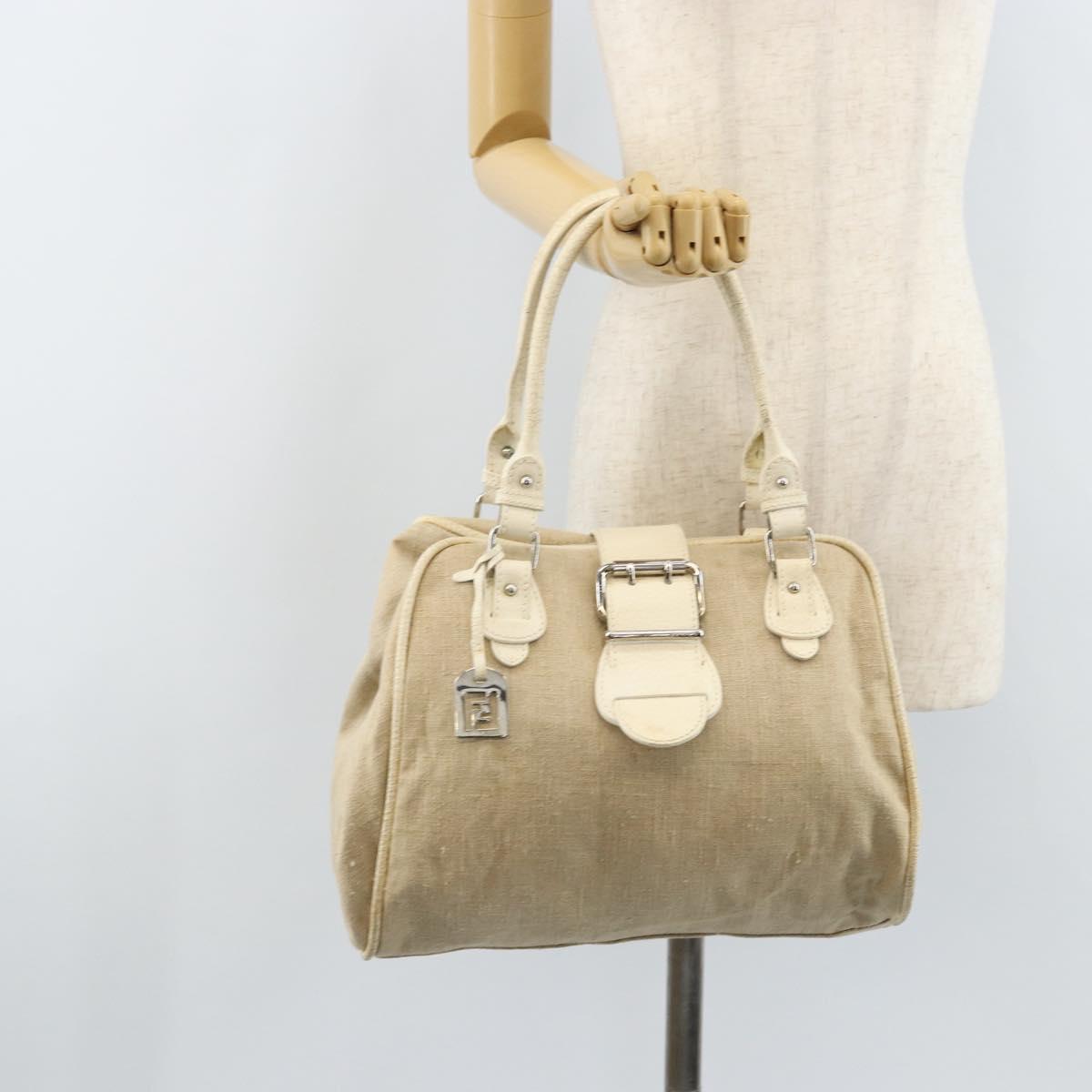 FENDI Hand Bag Canvas Beige Silver Auth 169763