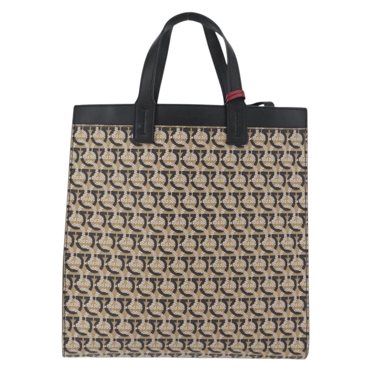 Salvatore Ferragamo Gancini Hand Bag PVC 2way Beige Gold Auth 169765