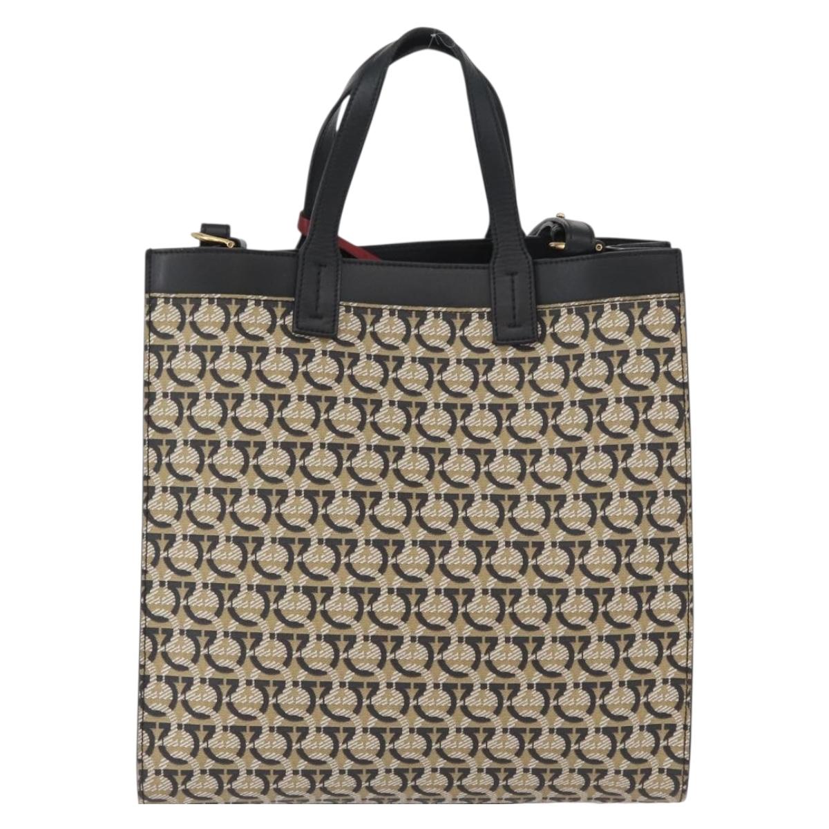 Salvatore Ferragamo Gancini Hand Bag PVC 2way Beige Gold Auth 169765