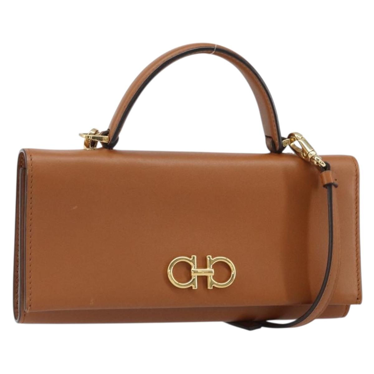 Salvatore Ferragamo Gancini Shoulder Wallet Bag Leather Brown Gold Auth 169804V