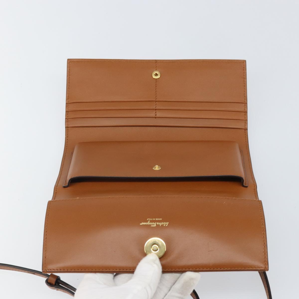 Salvatore Ferragamo Gancini Shoulder Wallet Bag Leather Brown Gold Auth 169804V