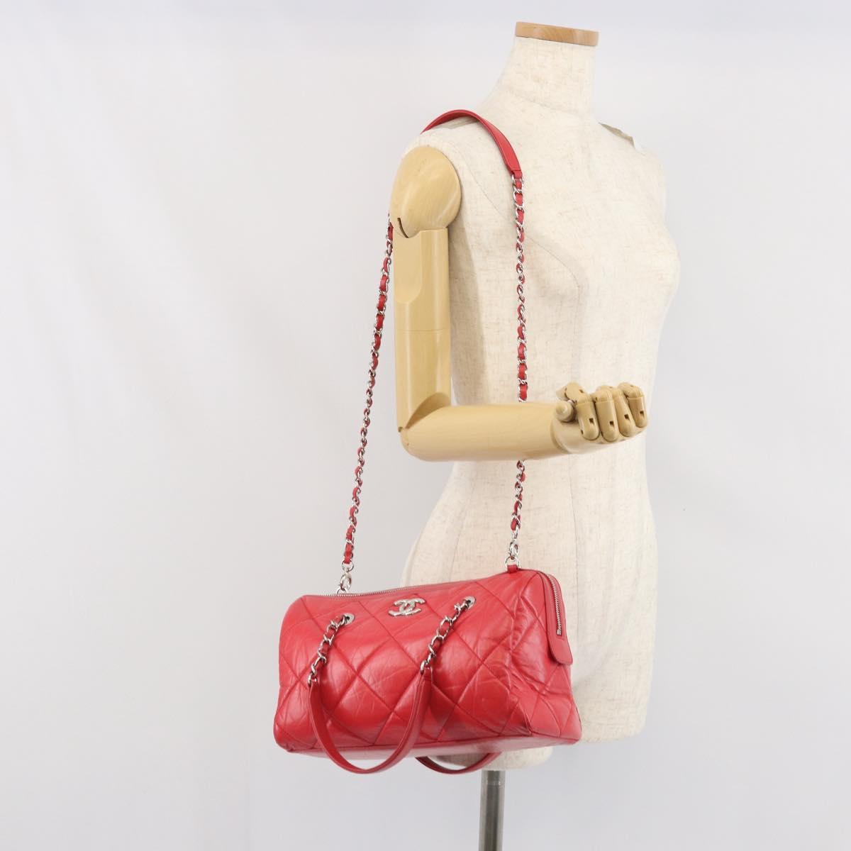 CHANEL Chain Boston Bag Leather 2way Red Silver CC Auth 169810SAM