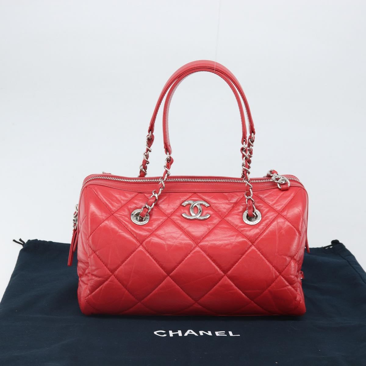 CHANEL Chain Boston Bag Leather 2way Red Silver CC Auth 169810SAM