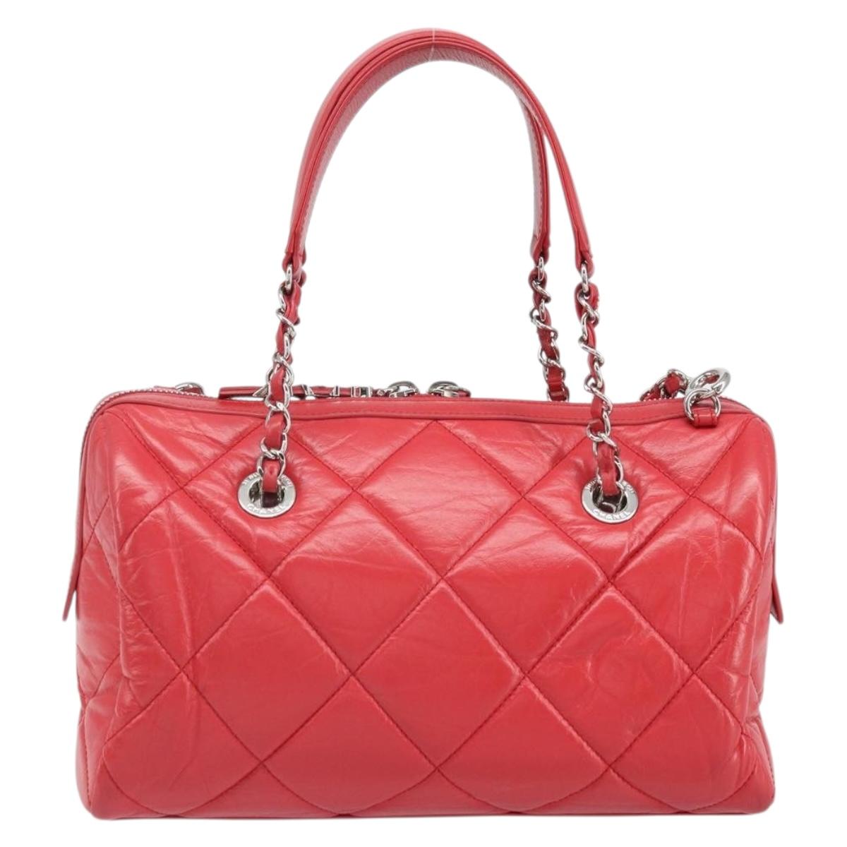 CHANEL Chain Boston Bag Leather 2way Red Silver CC Auth 169810SAM