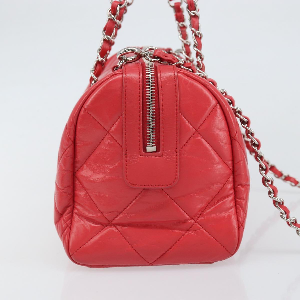 CHANEL Chain Boston Bag Leather 2way Red Silver CC Auth 169810SAM