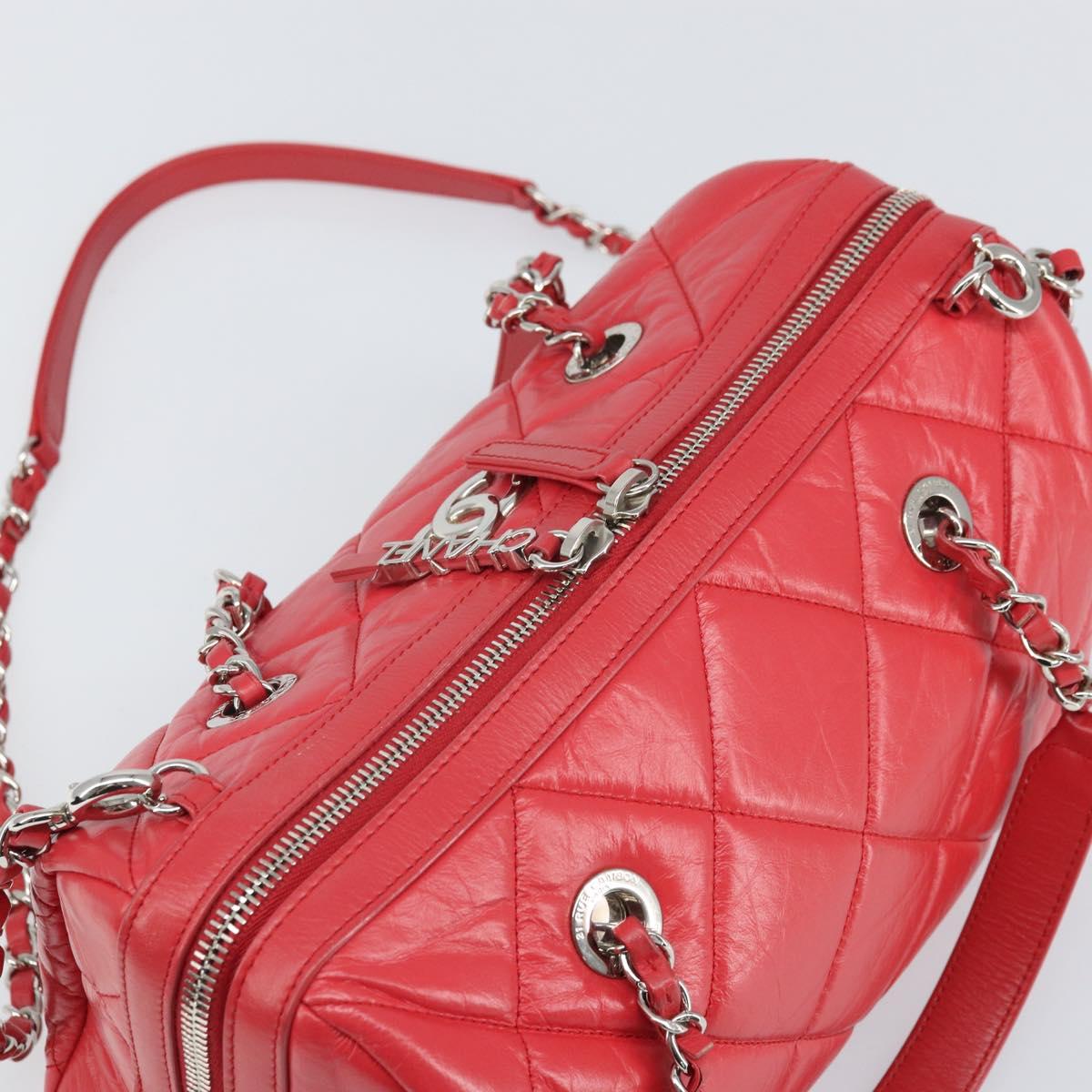 CHANEL Chain Boston Bag Leather 2way Red Silver CC Auth 169810SAM