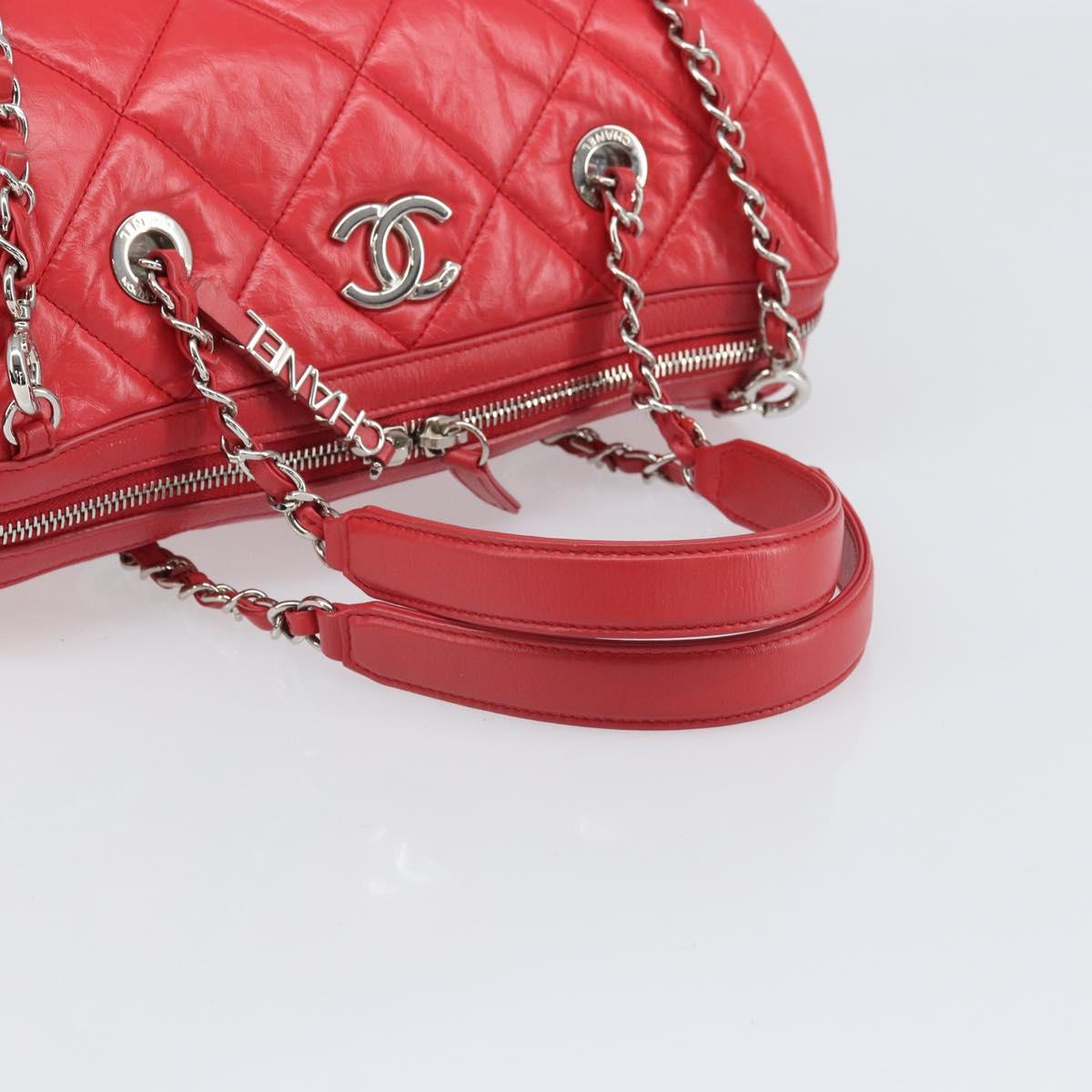 CHANEL Chain Boston Bag Leather 2way Red Silver CC Auth 169810SAM
