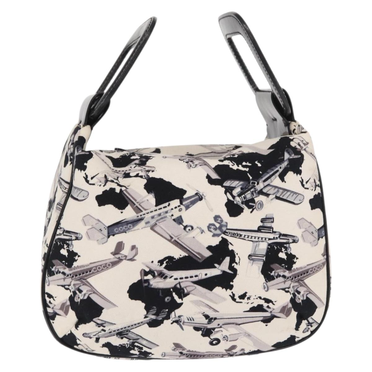 CHANEL Airline Hand Bag Canvas White Silver CC Auth 169837
