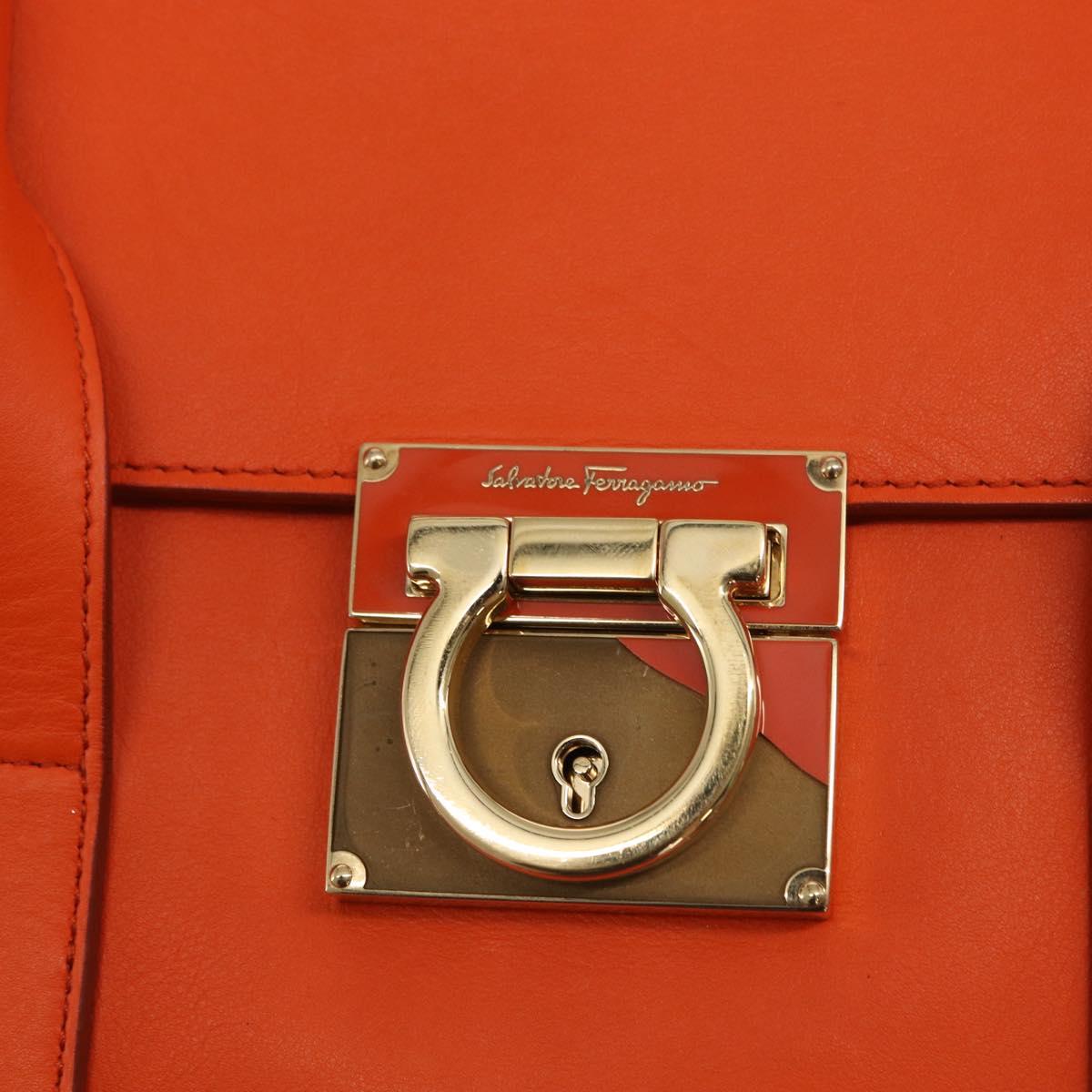 Salvatore Ferragamo Gancini Hand Bag Leather 2way Orange Gold Auth 169855