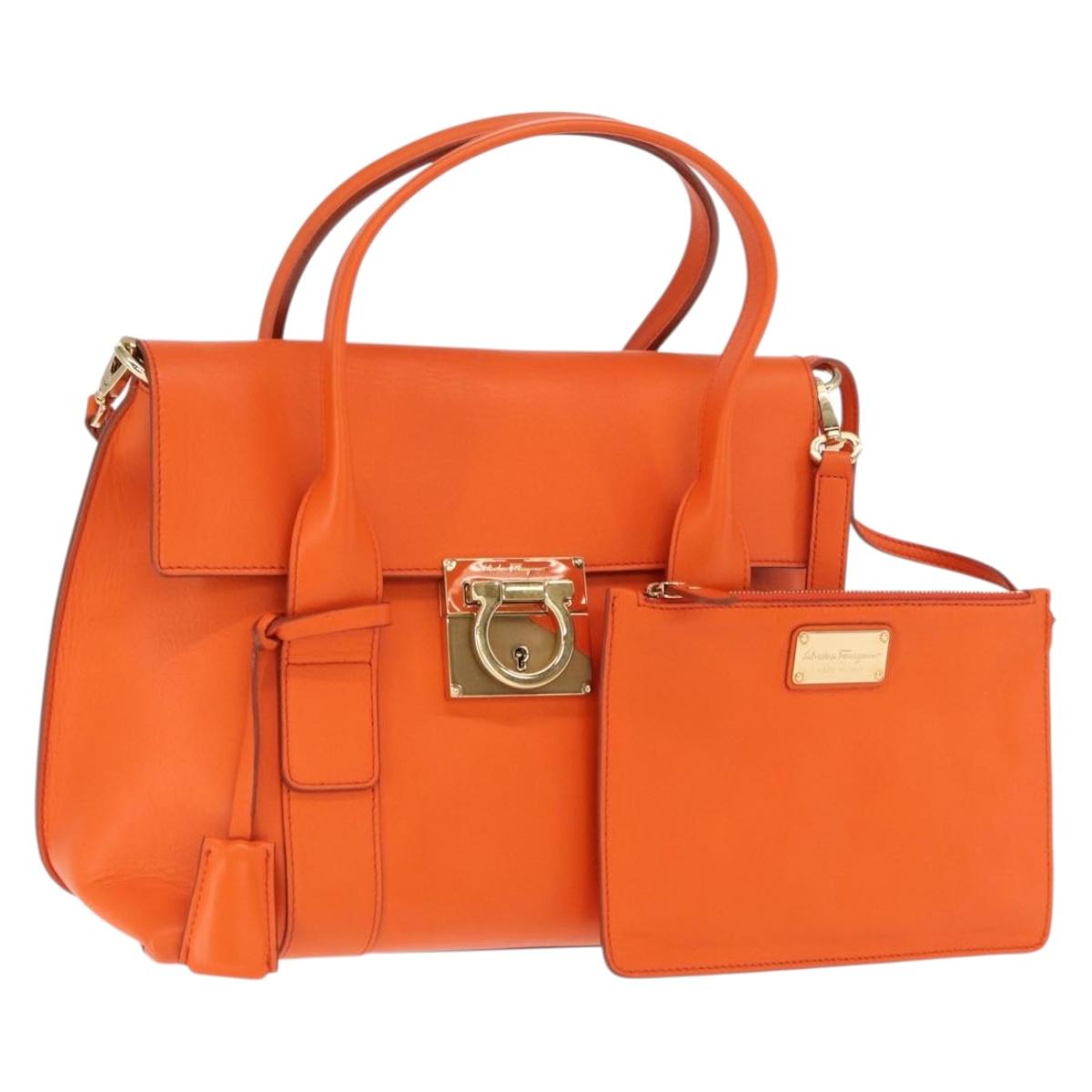 Salvatore Ferragamo Gancini Hand Bag Leather 2way Orange Gold Auth 169855