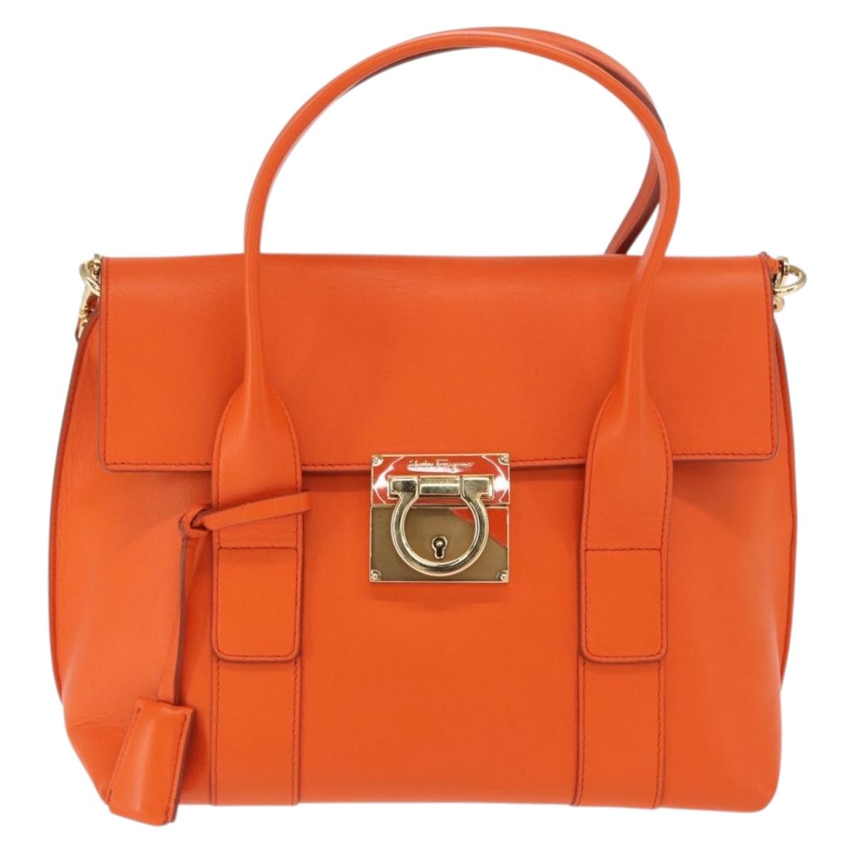 Salvatore Ferragamo Gancini Hand Bag Leather 2way Orange Gold Auth 169855