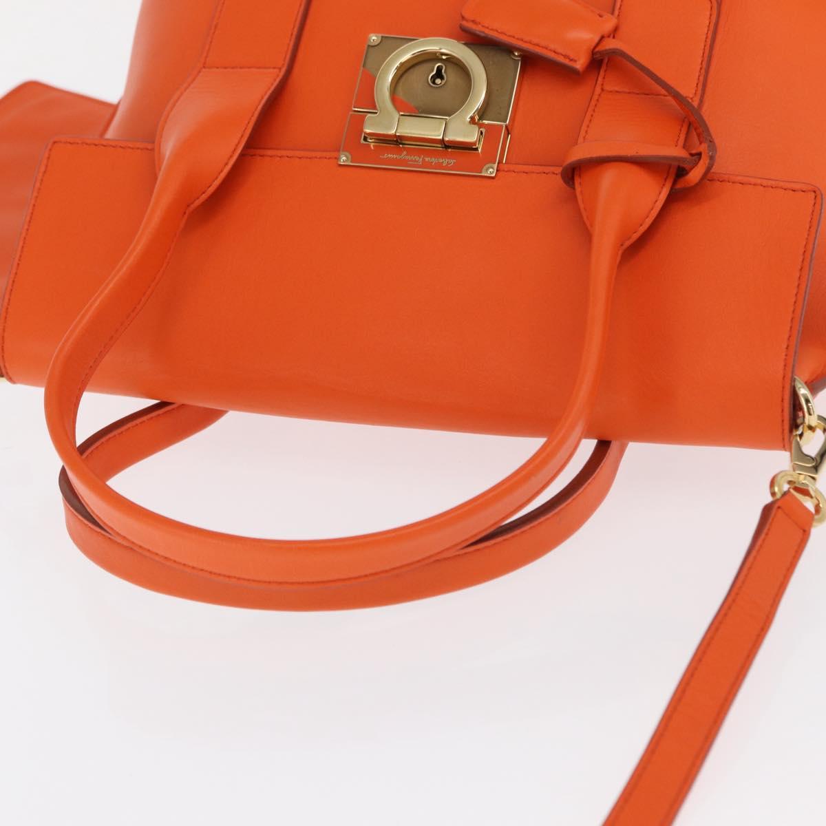 Salvatore Ferragamo Gancini Hand Bag Leather 2way Orange Gold Auth 169855