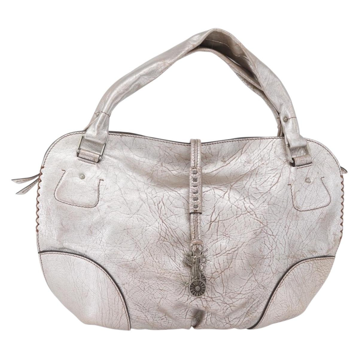 CELINE Bitter Sweet Hand Bag Leather Silver Auth 169857