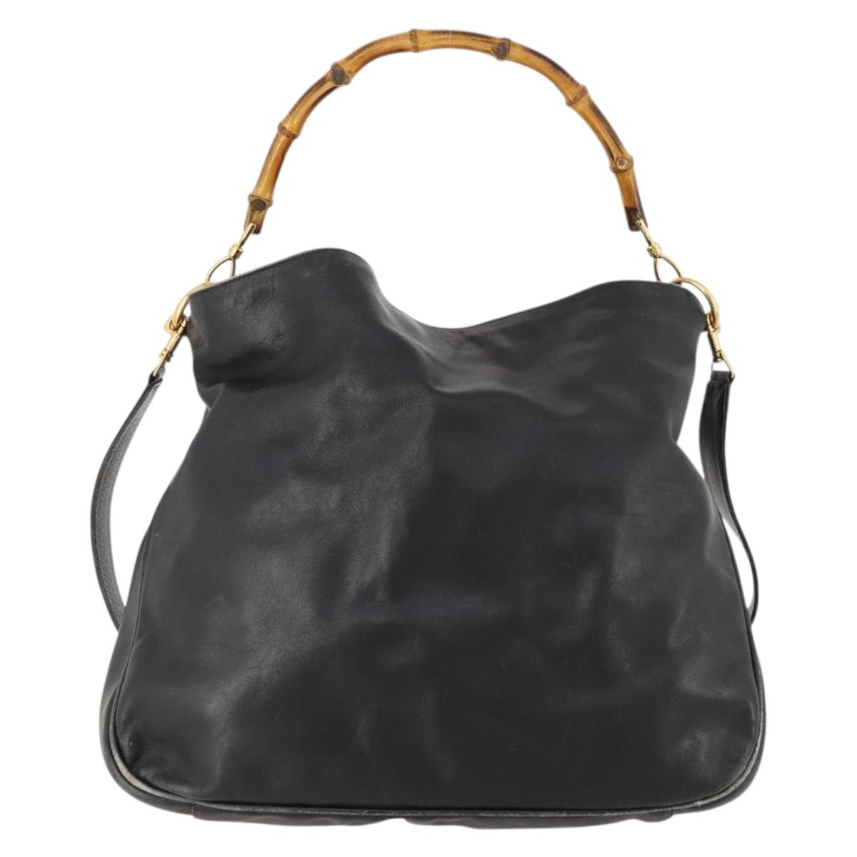 GUCCI Bamboo Shoulder Bag Leather 2way Black Gold 001 1577 2615 Auth 169863