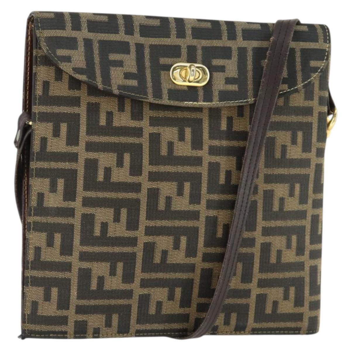 FENDI Zucca Canvas Shoulder Bag Black Brown Auth 169866