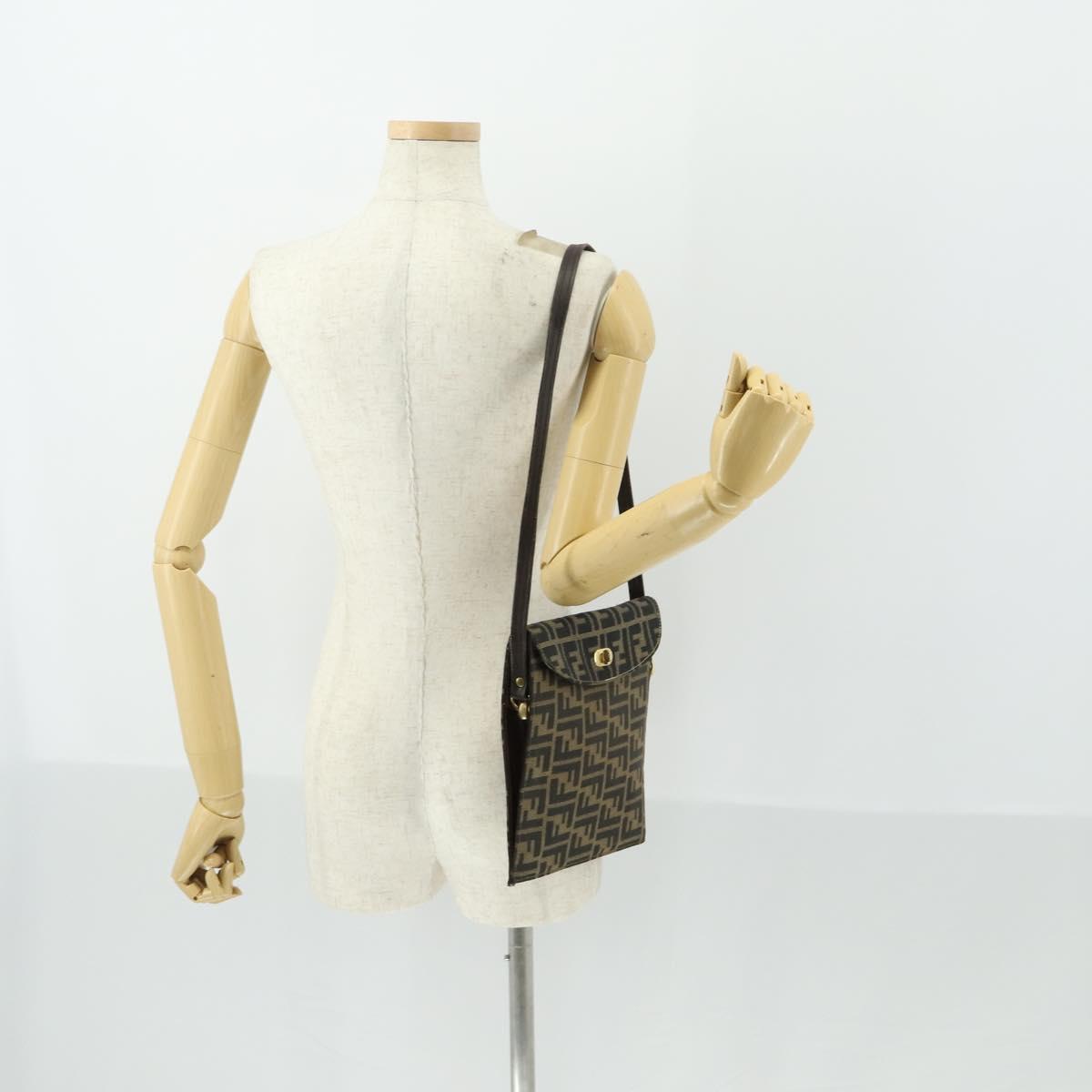 FENDI Zucca Canvas Shoulder Bag Black Brown Auth 169866