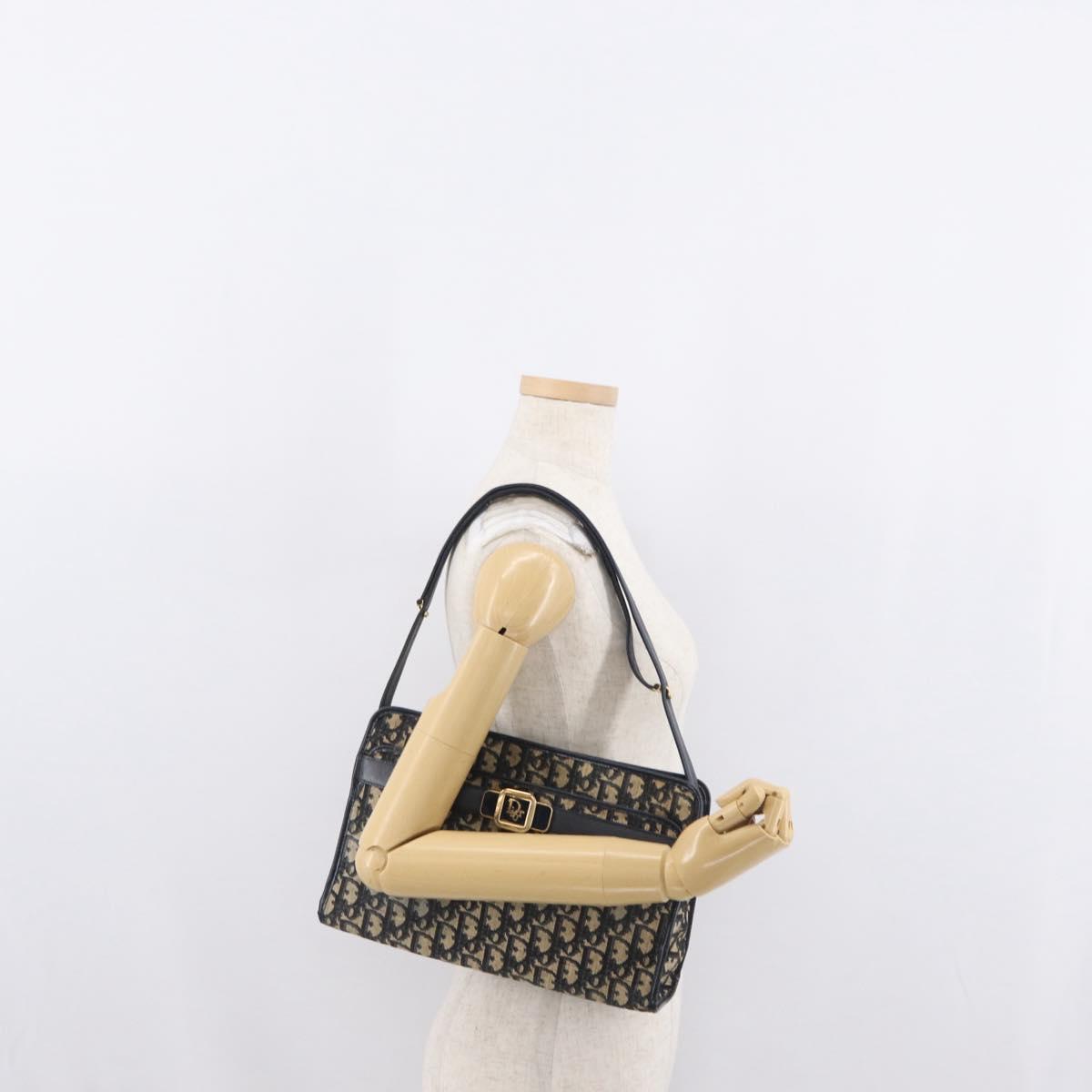 Christian Dior Trotter Canvas Shoulder Bag Navy Gold Auth 169874