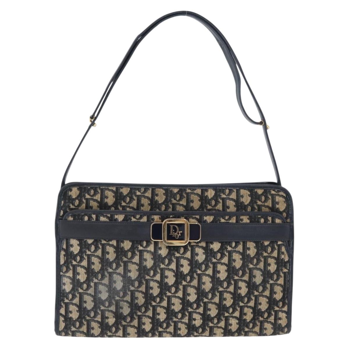 Christian Dior Trotter Canvas Shoulder Bag Navy Gold Auth 169874