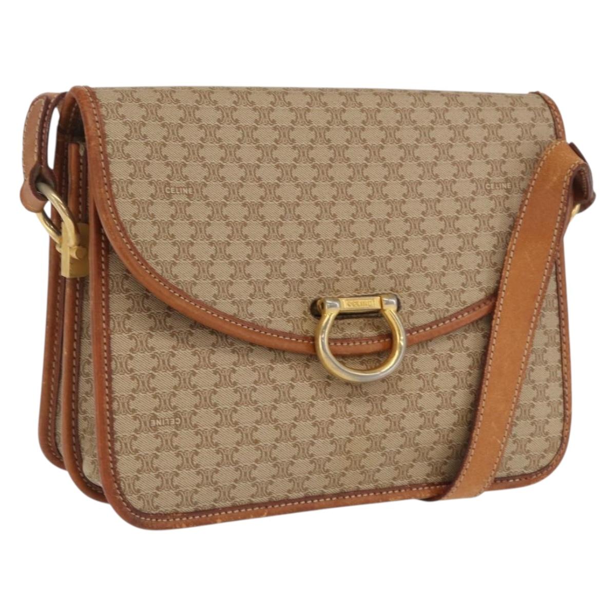 CELINE Macadam Canvas Shoulder Bag PVC Leather Beige Gold Auth 169877