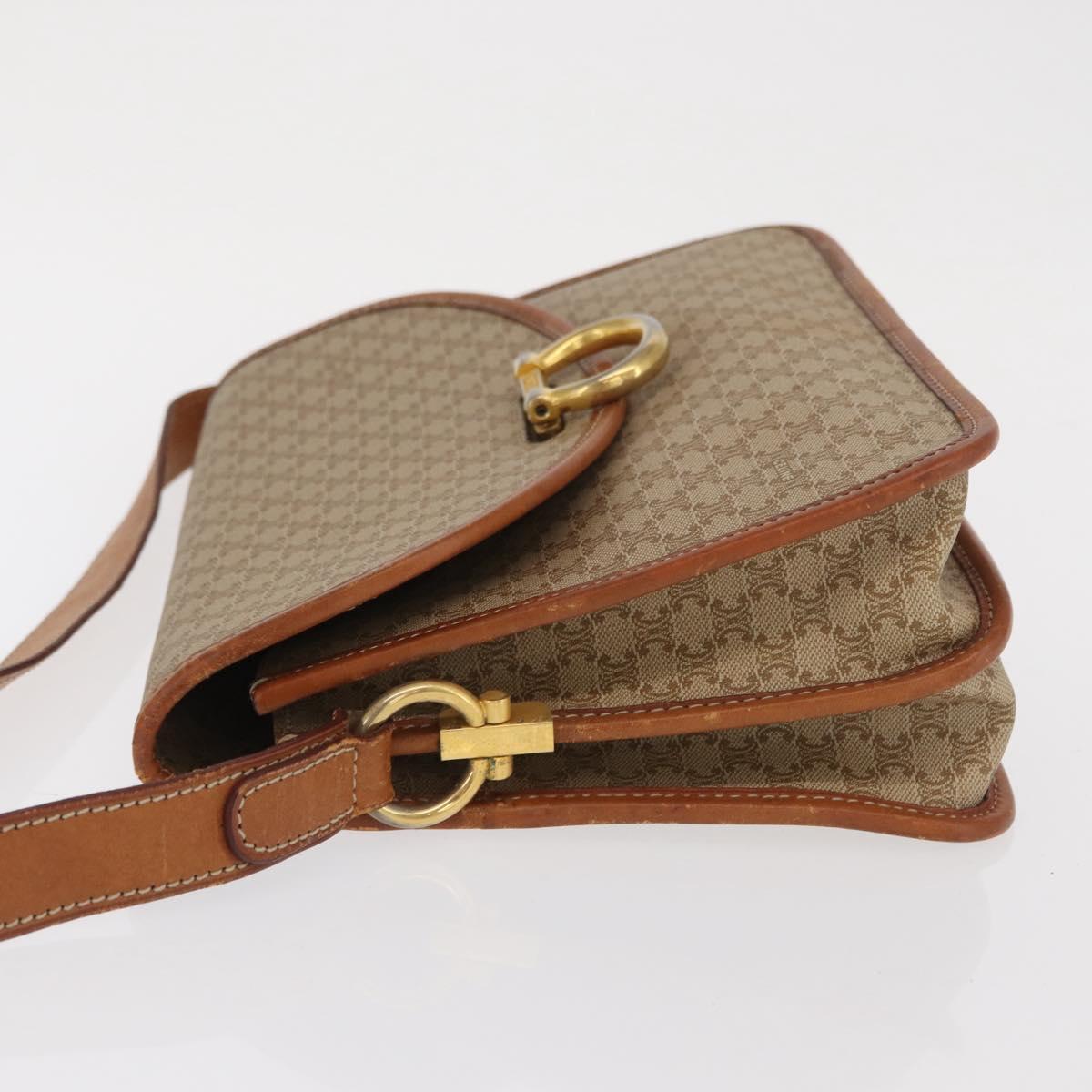 CELINE Macadam Canvas Shoulder Bag PVC Leather Beige Gold Auth 169877