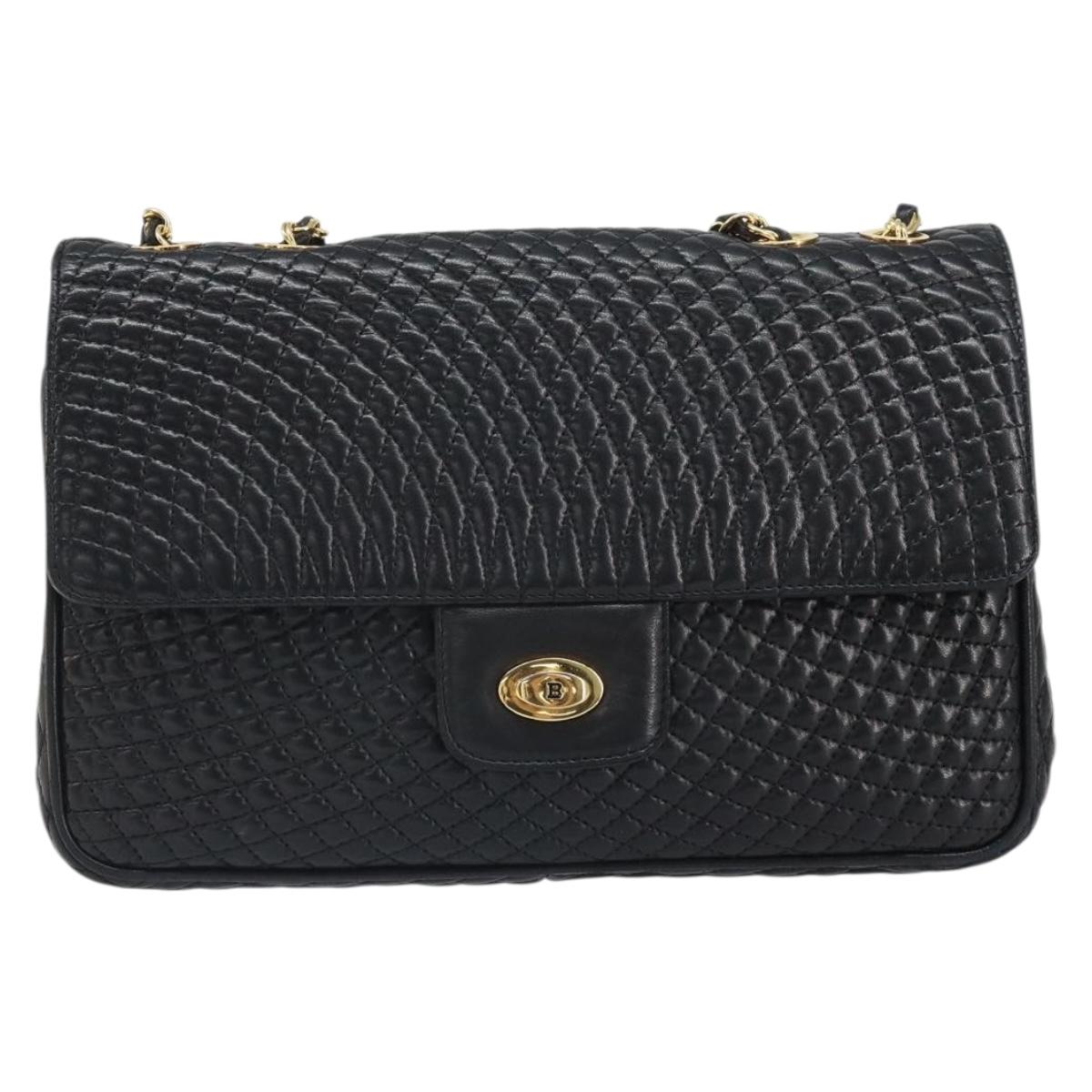 BALLY Chain Shoulder Bag Leather Black Gold Auth 169878V