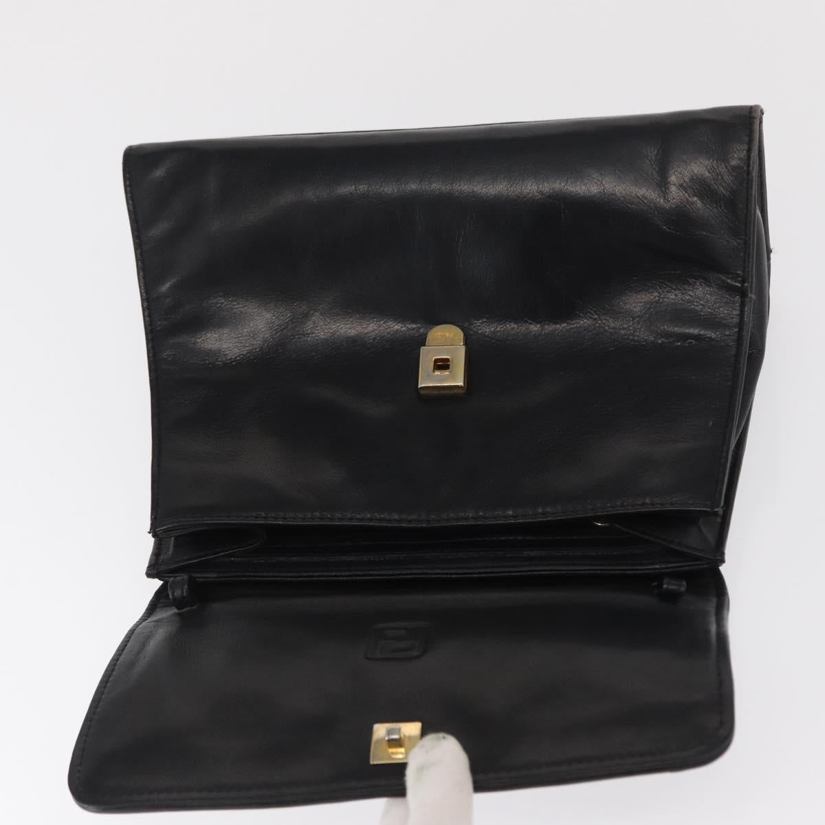 FENDI Hand Bag Leather Black Gold Auth 169891
