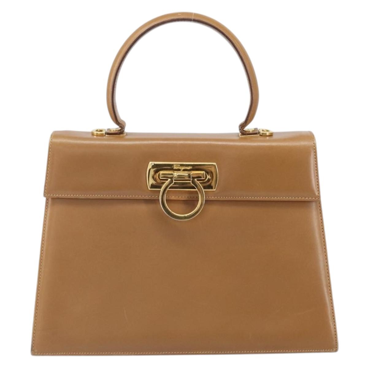 Salvatore Ferragamo Gancini Hand Bag Leather Brown Gold Auth 169892