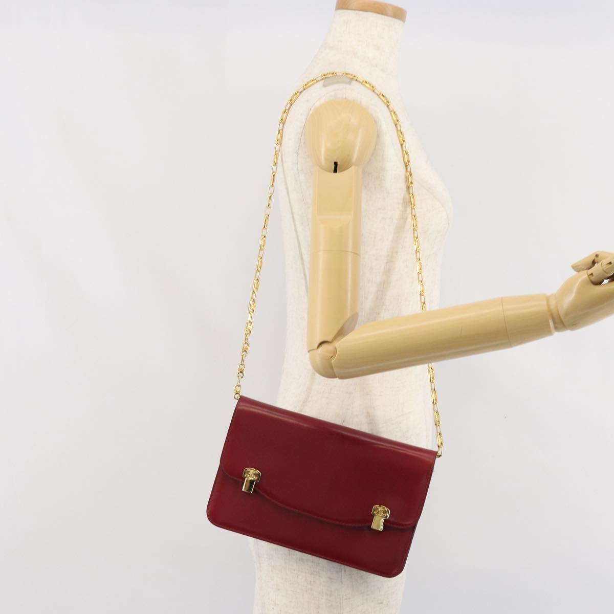 CELINE Chain Shoulder Bag Leather Red Gold Auth 169898V
