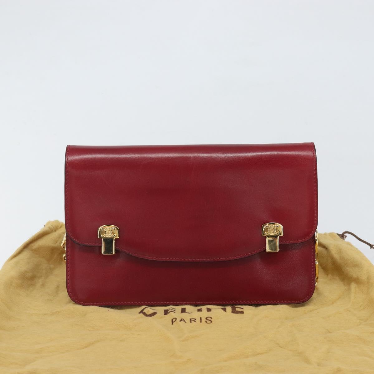 CELINE Chain Shoulder Bag Leather Red Gold Auth 169898V