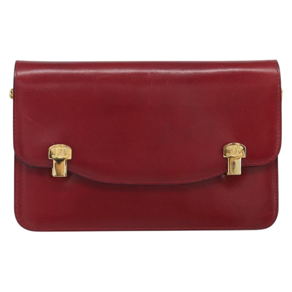 CELINE Chain Shoulder Bag Leather Red Gold Auth 169898V