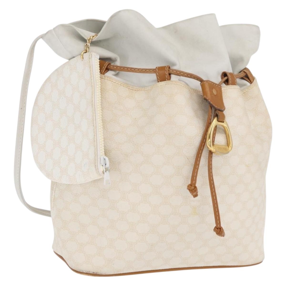 CELINE Macadam Canvas Shoulder Bag PVC Leather White Gold Auth 169899