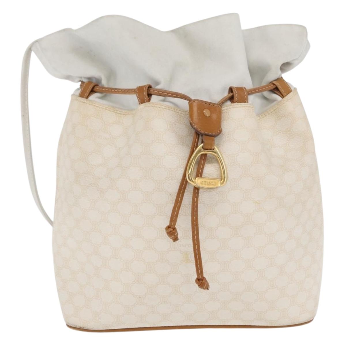 CELINE Macadam Canvas Shoulder Bag PVC Leather White Gold Auth 169899