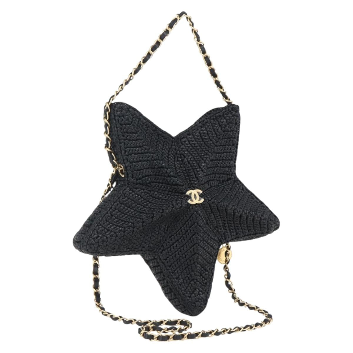 CHANEL Chain Shoulder Bag Raffia 2way Black Gold CC Auth 169908SM