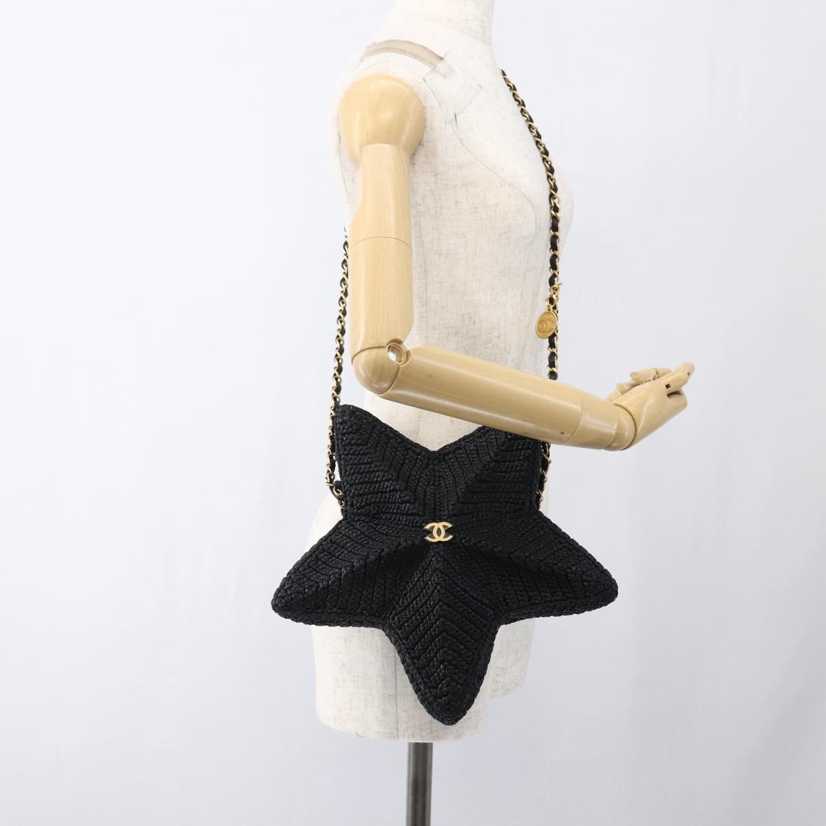 CHANEL Chain Shoulder Bag Raffia 2way Black Gold CC Auth 169908SM