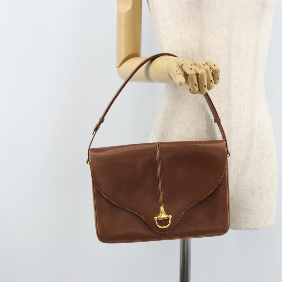 GUCCI Shoulder Bag Leather Brown Gold Auth 170074