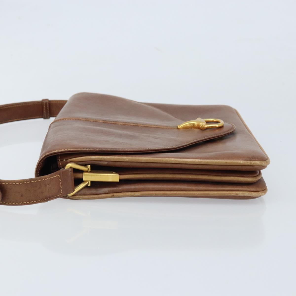 GUCCI Shoulder Bag Leather Brown Gold Auth 170074