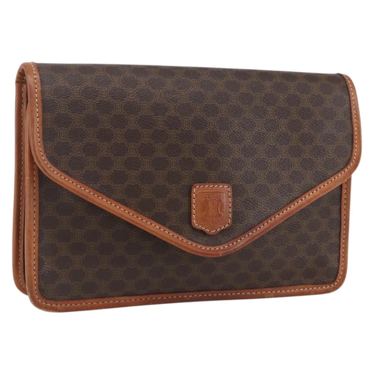 CELINE Macadam Canvas Clutch Bag PVC Leather Brown Gold Auth 170118