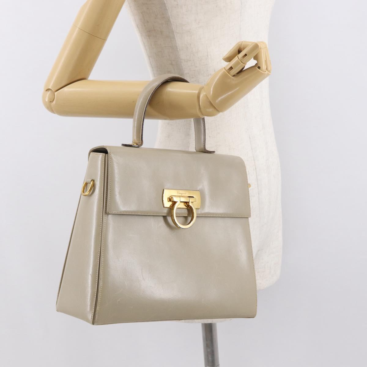 Salvatore Ferragamo Gancini Hand Bag Leather Beige Gold Auth 170123