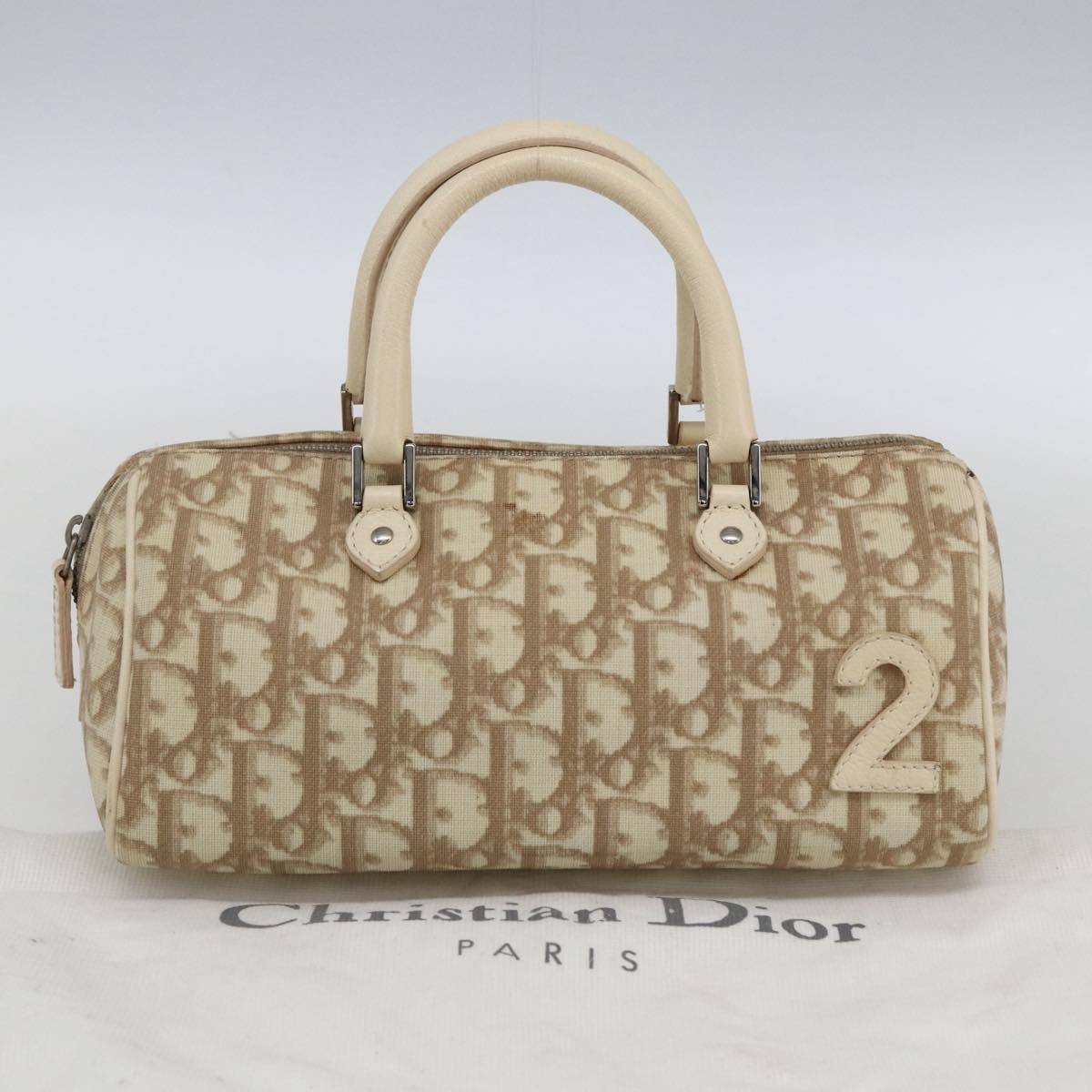 Christian Dior Trotter Canvas Hand Bag PVC Beige Silver Auth 170126V