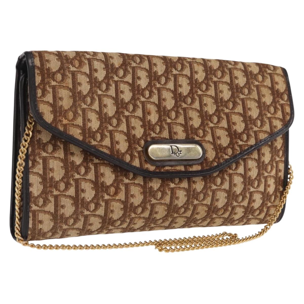 Christian Dior Chain Trotter Canvas Shoulder Bag Brown Gold Auth 170258