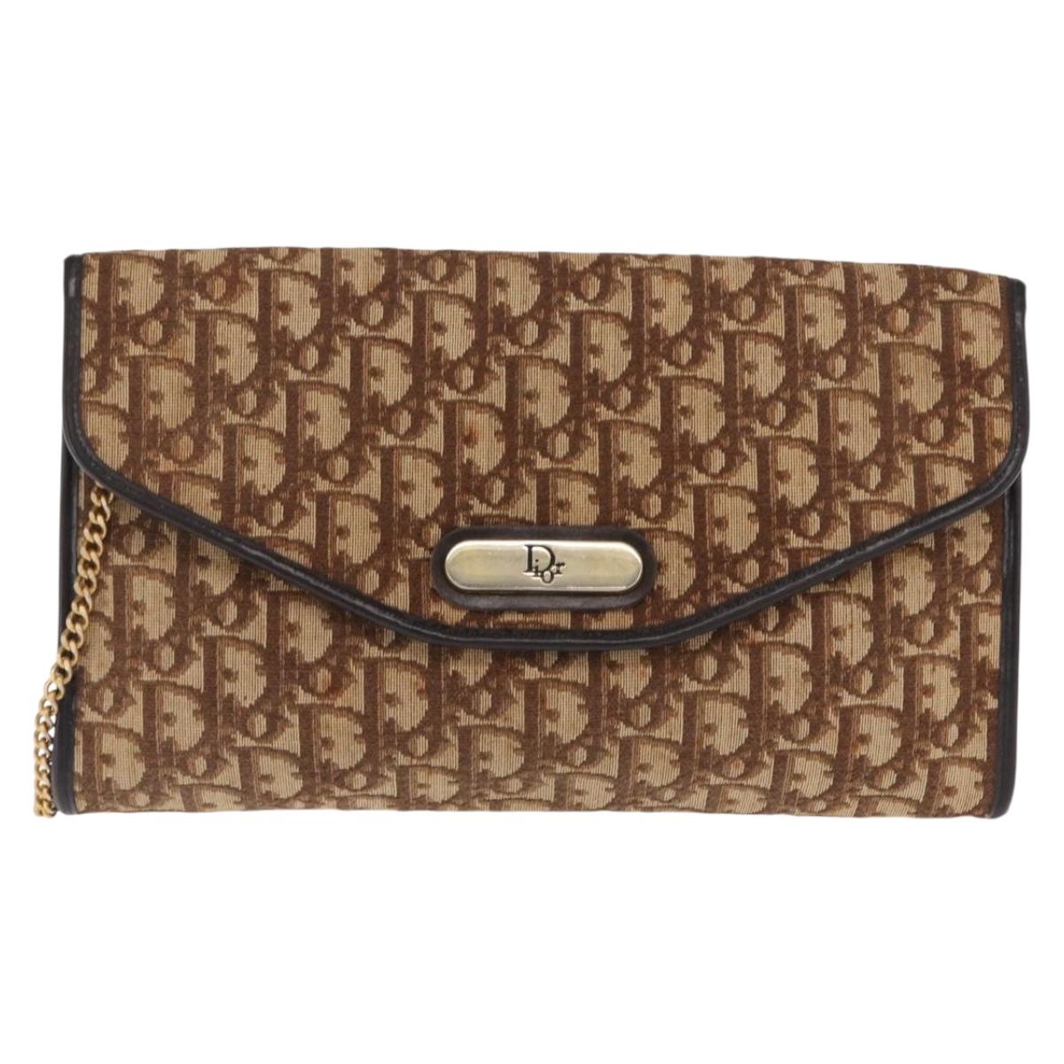 Christian Dior Chain Trotter Canvas Shoulder Bag Brown Gold Auth 170258