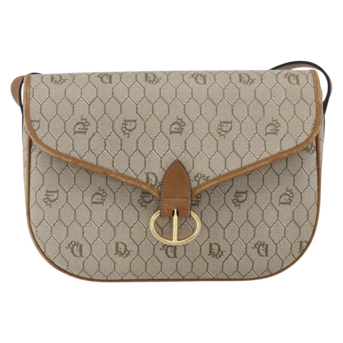 Christian Dior Honeycomb Canvas Shoulder Bag PVC Beige Gold Auth 170259