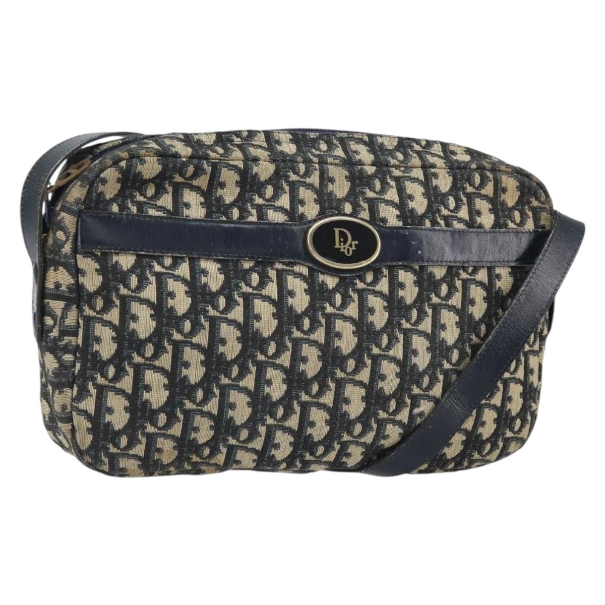 Christian Dior Trotter Canvas Shoulder Bag Navy Gold Auth 170261